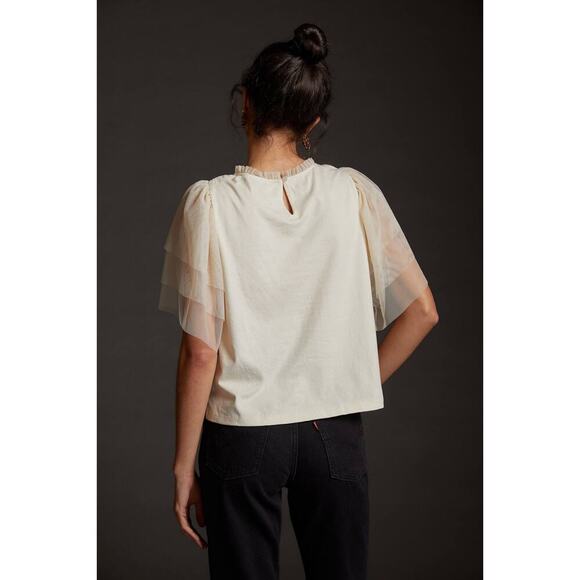 Anthopologie Let Me Be Gold/Cream Sequin Embroidered Flutter Short Sleeve Large - Picture 2 of 9